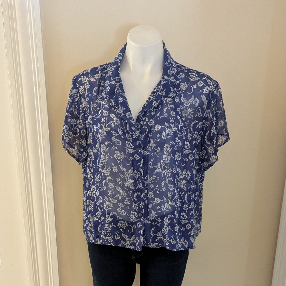 Victoria Secret navy blue sheer floral print pajama top size L